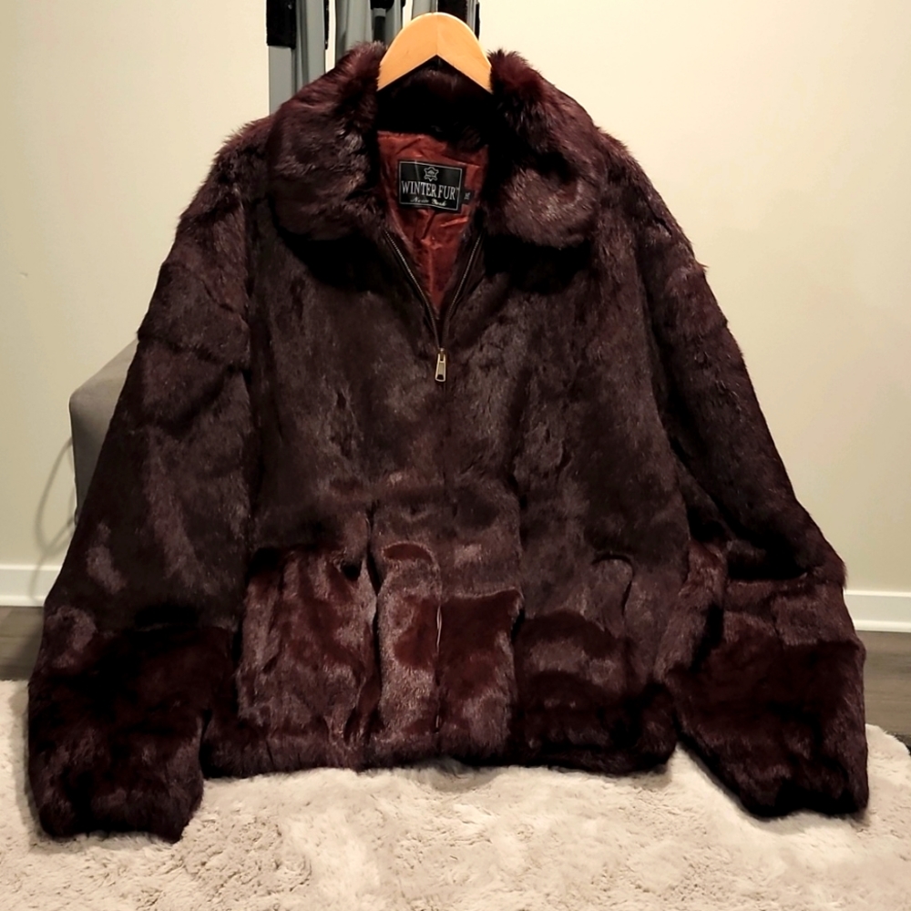 Men's Winter Fur Burgandy Rabbit Bomber Jacket Size 3XL (NEW)